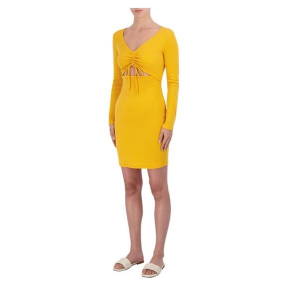 BCBG Paris Women's Rib Knit Cut Out Dress Long Sleeve Yellow Medium NWT - Picture 3 of 9